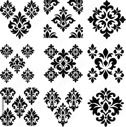 Intricate black damask elements featuring a classic fleur de lis motif create nine ornate patterns