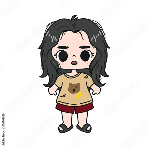 illustration art cute chibi girl wearing t-shirt and red short pants sticker character design 