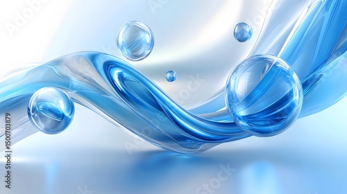 Abstract design of flowing, translucent blue liquid with bubbles.