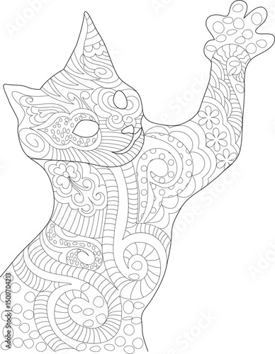 Ornate Zentangle Cat Line Art, Detailed black and white line art illustration of a cat standing on its hind legs with a paw raised, filled with intricate, decorative, zentangle-style abstract 