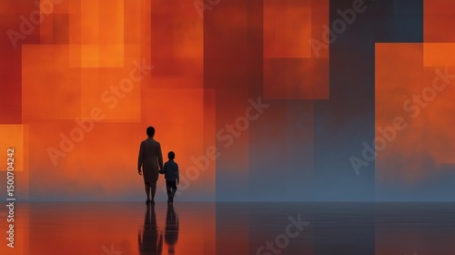 Eternal Bond: A silhouette of a parent and child, walking hand-in-hand, against a backdrop of abstract colorful squares, representing the enduring relationship and warmth.