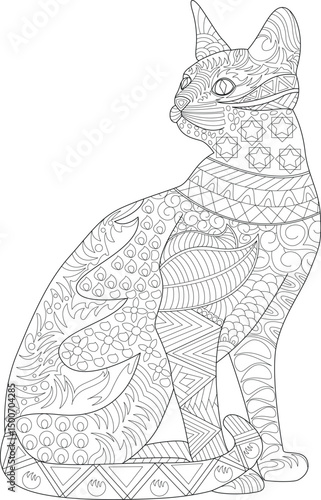 Abstract Patterned Cat Coloring Page, Detailed line art illustration of a sitting cat filled with intricate abstract patterns and designs, suitable for coloring pages or decorative artwork. 