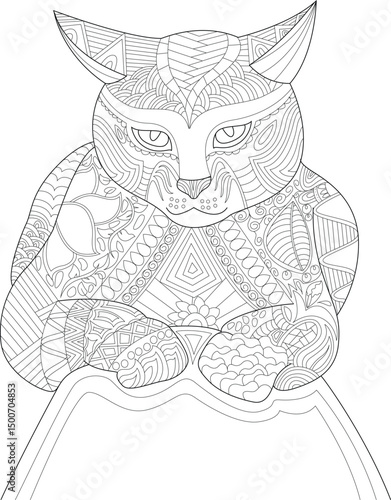 Intricate Patterned Cat Line Art for Coloring, Detailed black and white line art illustration of a stylized cat with intricate abstract and decorative patterns, perfect for adult coloring books, 