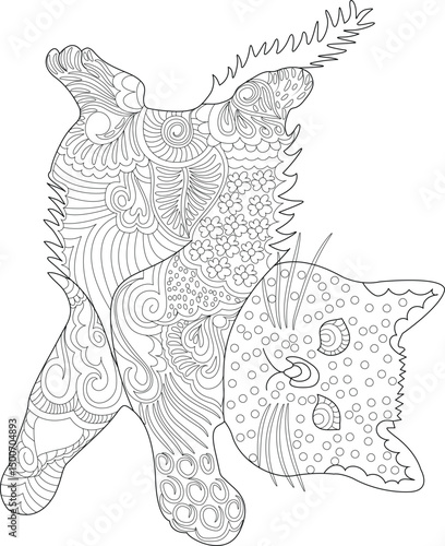 Detailed Zentangle Cat Illustration for Coloring, Intricate line art illustration of a cat in a zentangle or doodle style, featuring detailed patterns and textures. Ideal as a coloring page for 