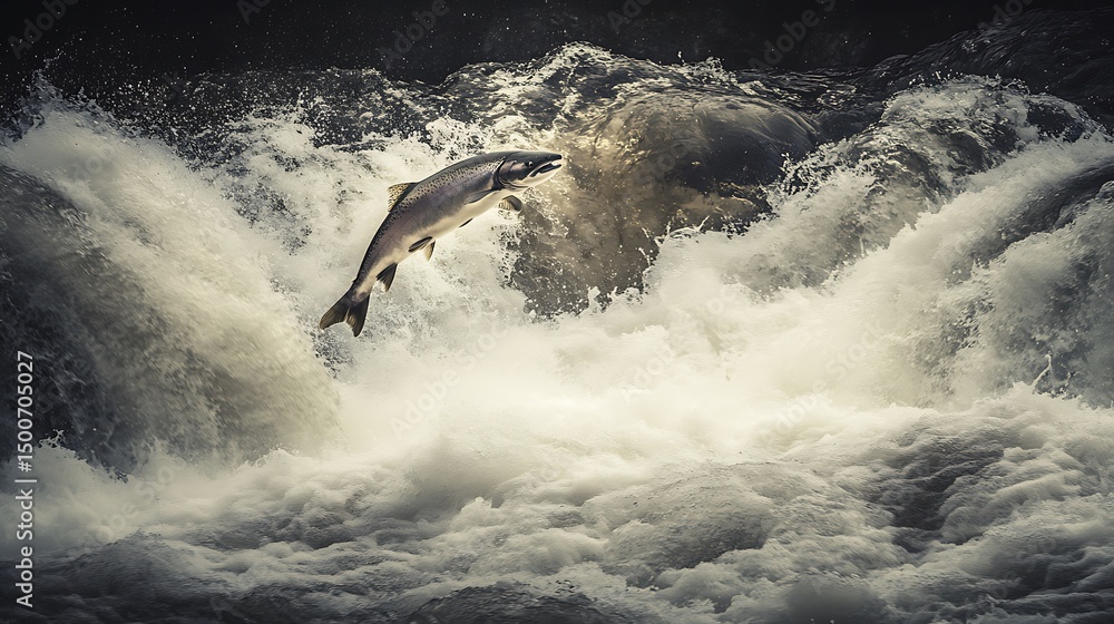 Fototapeta premium During Their Migration Run, Salmon Leap Upstream Over Waterfalls