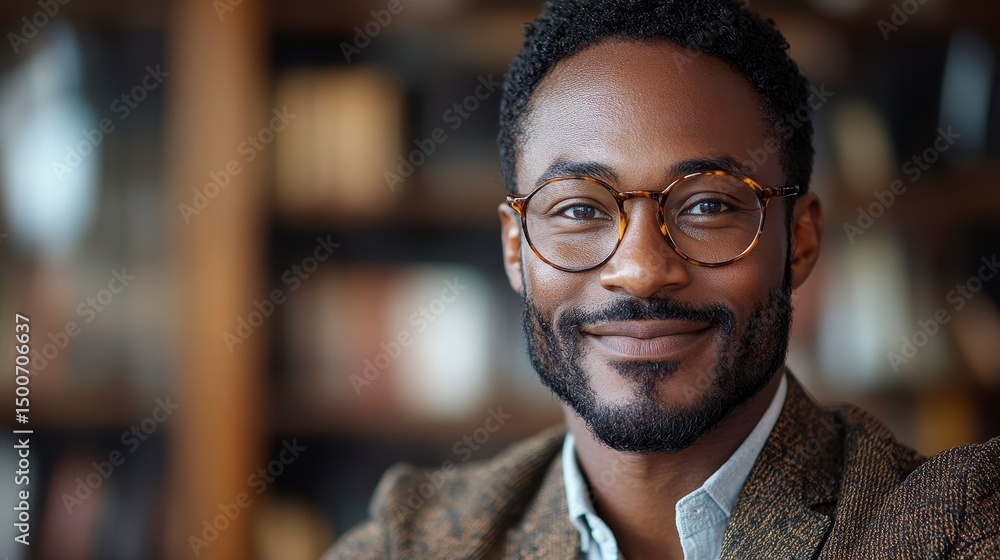 Obraz premium Smiling man in glasses, wearing a patterned jacket, in front of blurred background