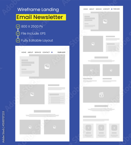 One Page Website Design Template for Business, Agency, Corporate Portfolio. Landing Page UI UX Wireframe. Flat Modern Responsive Email Marketing Newsletter Template