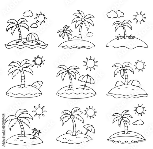 Cute island beach summer cartoon coloring page vector illustration