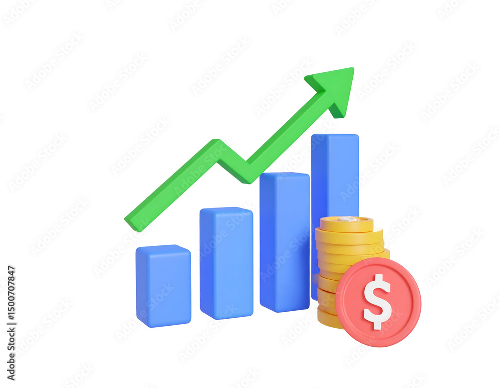 3D render of a bar graph showing upward financial growth, represented by a rising green arrow and stacks of gold coins beside a dollar sign 3D render of a bar graph showing upward financial growth, represented by a rising green arrow and stacks of gold coins beside a dollar sign