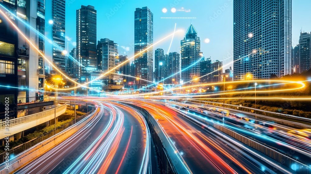 Fototapeta premium City highway at twilight with illuminated vehicle trails and network lines.