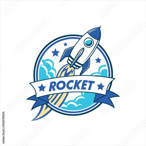 Rocket Launch Logo Design with Fire Flame and Banner