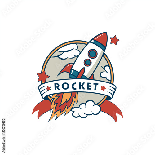 Rocket Launch Logo Design with Fire Flame and Banner