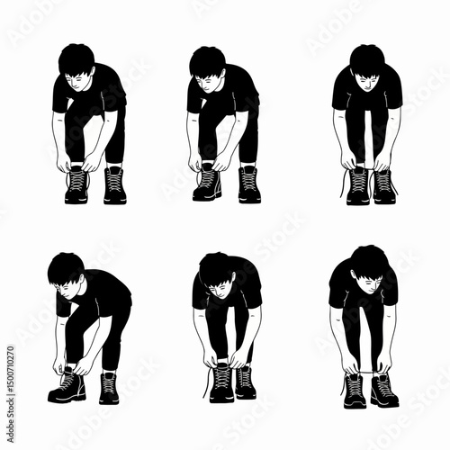 Man tying shoelaces on boots in different poses