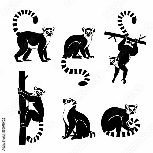 Lemur animal set in black and white style