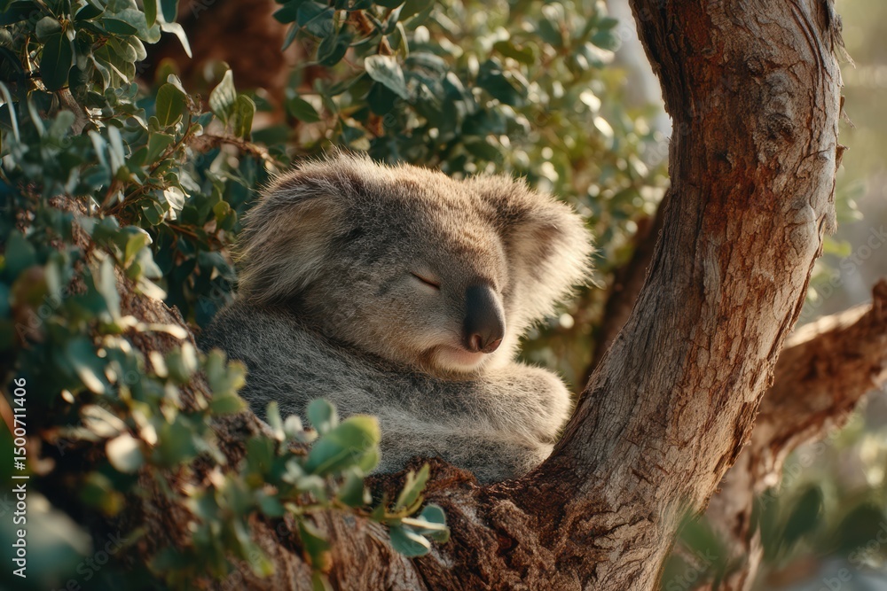 Obraz premium Koala peacefully resting in the fork of a eucalyptus tree during warm midday hours