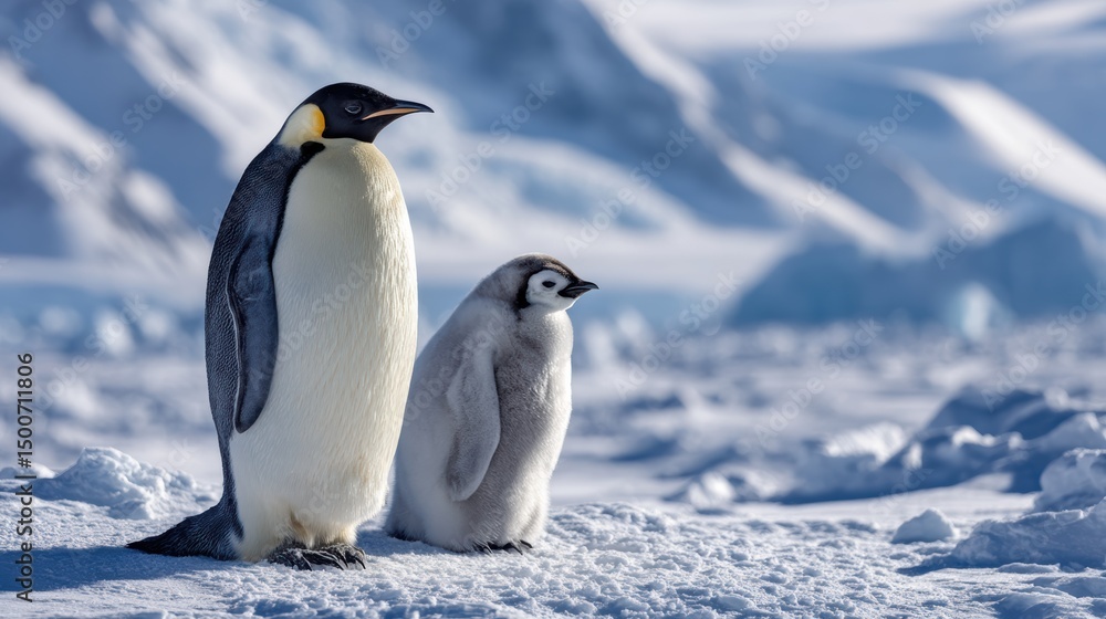 Fototapeta premium Emperor penguin father and chick nestled against the icy beauty of Antarctica's stillness