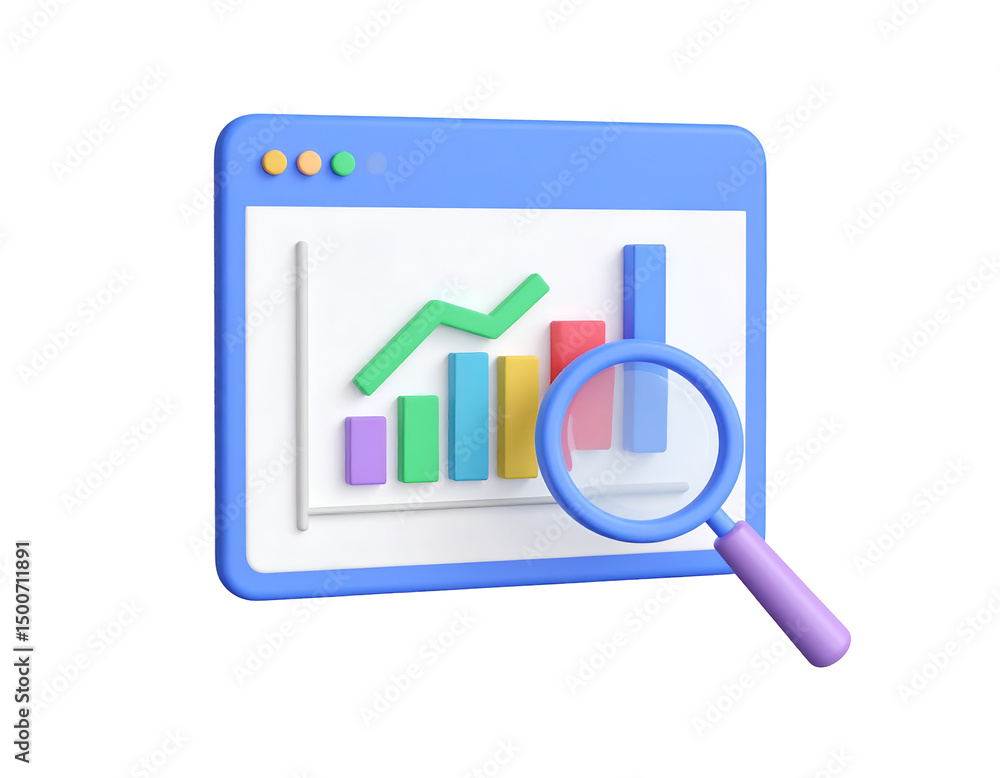 3D rendering of a browser window displaying a bar chart being analyzed with a magnifying glass 3D rendering of a browser window displaying a bar chart being analyzed with a magnifying glass