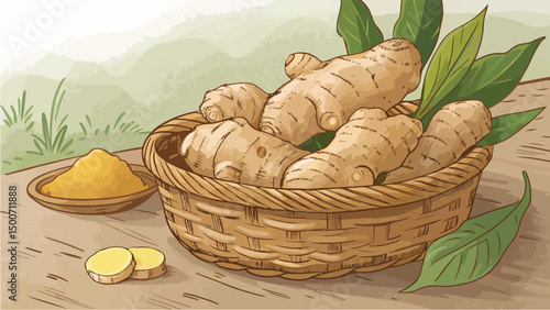 Fresh Ginger Root in Woven Basket Natural Background