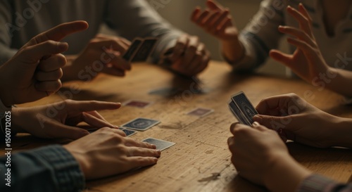 People Playing Cards Around Wooden Table Indoors Photo