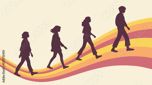 A group of friends silhouettes walking together