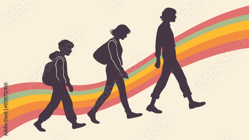 A group of friends silhouettes walking together