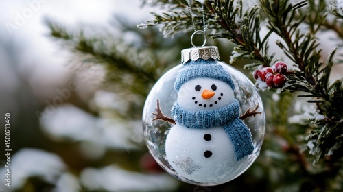 Snowy Winter Snowman Ornament Hanging Outdoors