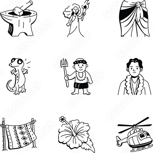Set of Doodle Style Hawaii Mythology Icons
