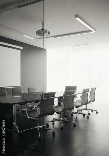 Modern Monochrome Conference Room Interior with Glass Walls and Chairs Photo