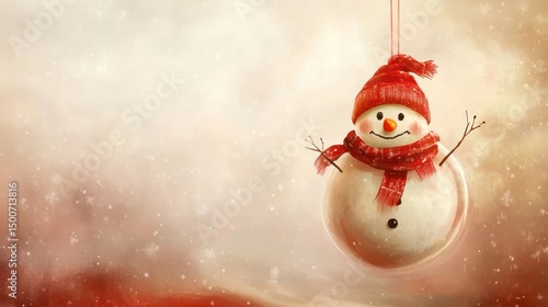 Festive snowman ornament hangs against snowy background; holiday card