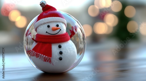 Festive snowman ornament on wood, bokeh background, Christmas card