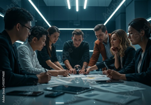 Photo Business Team in a Dark Office with Papers and Blue Light Collaboration