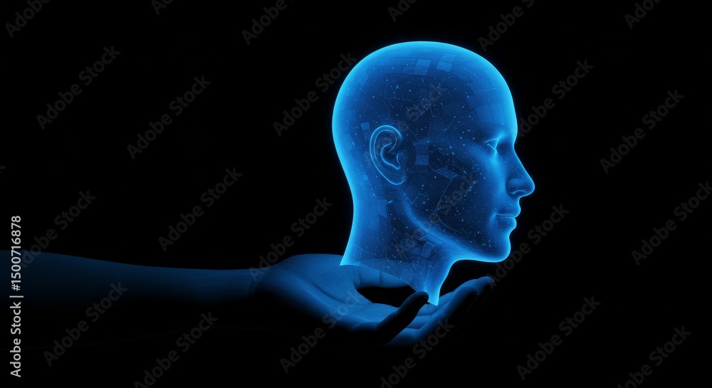 Obraz premium Blue Human Head in Hand - A glowing blue human head rests gently in an outstretched hand, symbolizing AI, technology, creation, knowledge, and potential