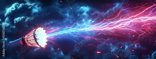 Badminton Lightning Smash, a glowing shuttlecock streaking across a stormy sky, surrounded by neon trails and bolts of energy, fierce reflex and motion
