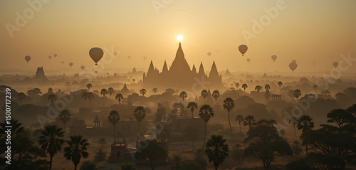 A wide, golden-hued scene of ancient temples rising from a misty plain as the sun breaks the horizon. Hot air balloons float gracefully above the ruins, with palm trees .