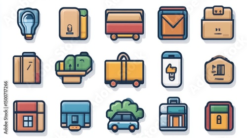 An assortment of icons, varying in shapes, with outlines and fillings in different colors