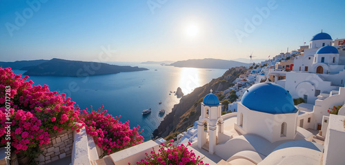 A sweeping view from a whitewashed terrace in Oia overlooking the deep blue caldera. Cliffside buildings with blue domes and vibrant bougainvillea cascade toward the sea under a glowing Mediterranean.