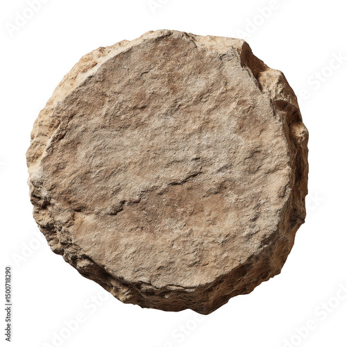 Isolated close up of a single large flat round tan rock with rough edges on a transparent background