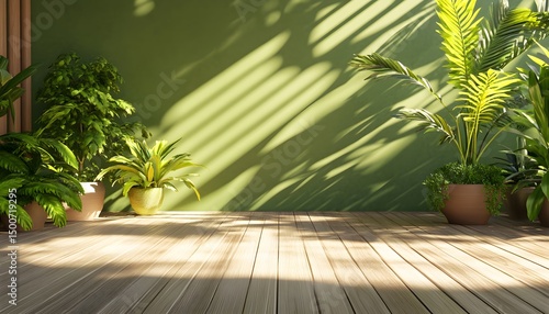 Sunlight filters through lush greenery on a wooden deck.
