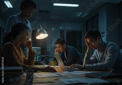 Photo of a Business Team Meeting at Night Dark Office with Lighting