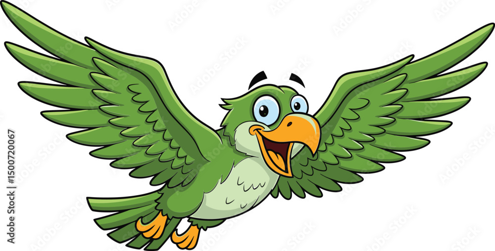 colorful cartoon bird, green feathers, wings spread out, bright eyes, cute and friendly expression, digital art
colorful cartoon bird, green feathers, wings spread out, bright eyes, cute and friendly expression, digital art