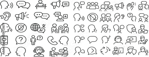 Communication Icon Set – 48 Editable Stroke Line Icons Featuring Conversations, Speaking, Listening, Phone Calls, Headsets, Translation, Messaging, Questions, and Non-Verbal Interaction. 