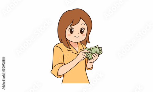 cute woman bank customer service is counting money cartoon illustration