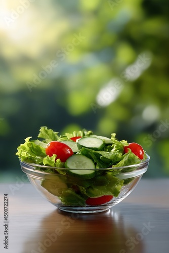 Fresh salad in glass bowl, outdoors