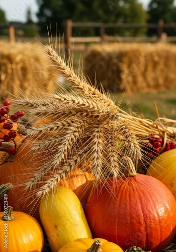 Photo Autumn Display Of Pumpkins Gourds Wheat And Hay Stack In Sunlight