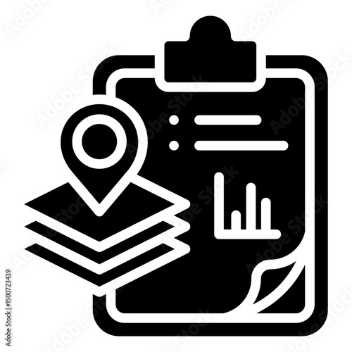 Document Map - Glyph Black Fill Silhouette Icon - Paper document with layered maps and geolocation marker
