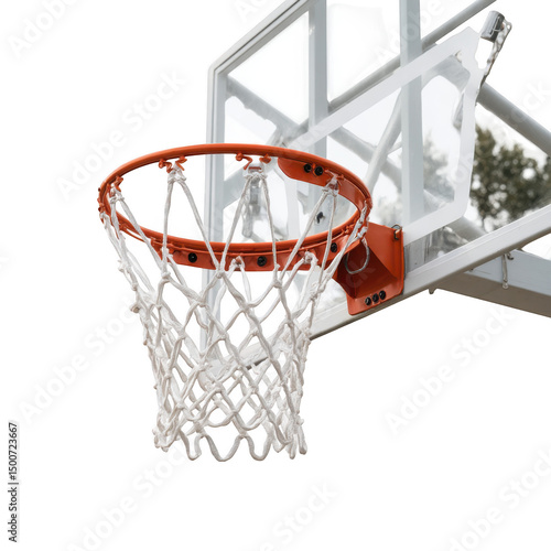A close up view of a basketball hoop with a white backboard against a transparent background outdoors