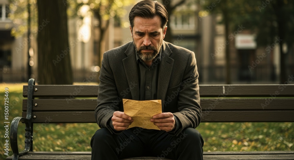 Man Reading Letter on Park Bench - A contemplative man sits on a park bench, carefully reading a letter. Autumn leaves surround him Man Reading Letter on Park Bench - A contemplative man sits on a park bench, carefully reading a letter. Autumn leaves surround him