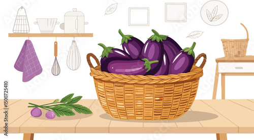 Eggplant in Wicker Basket A Rustic Kitchen Vector Illustration