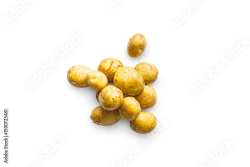 Closeup of a pile of fresh organic potatoes from the garden isolated on a transparent background with shadow from above, top view, png