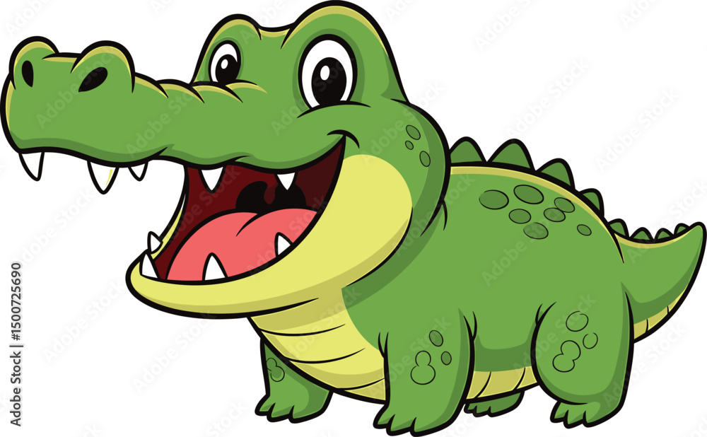 Fototapeta premium cartoon crocodile, cute character, green scaly skin, large mouth with sharp teeth, big eyes, friendly expression, digital illustration 